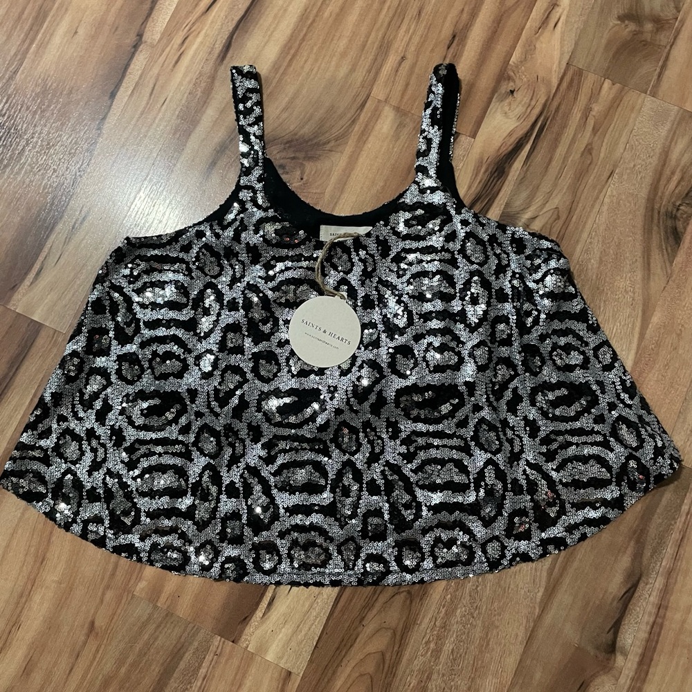 NWT Saints&Hearts Black and Silver Sequin Tank Top Sz L - Picture 2 of 6